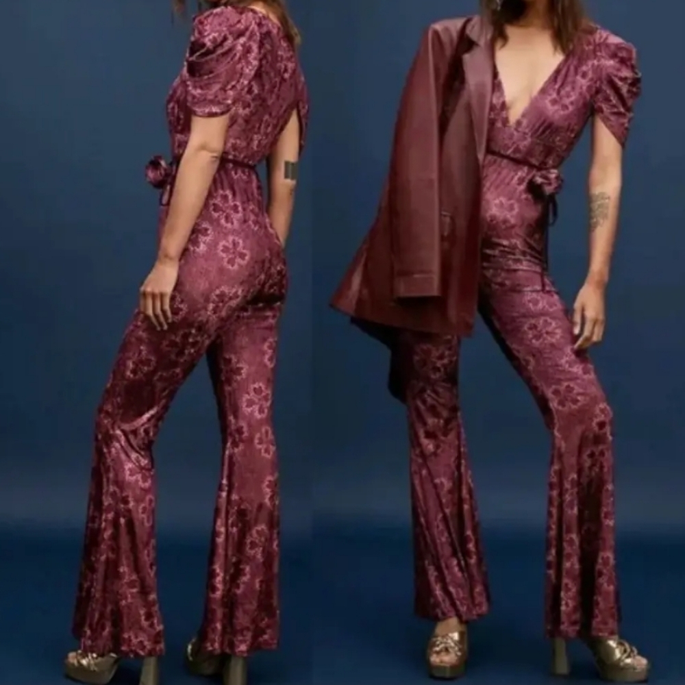 Free People Rosealine Floral Print Wide Leg Velvet Jumpsuit